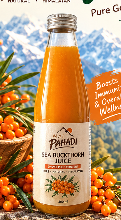 MAI PAHADI sea buckthorn juice bottle with orange sea buckthorn berries